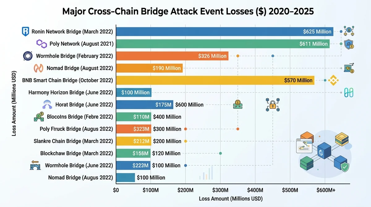 2020-2025年主要跨链桥攻击事件损失金额横向柱状图,标注事件名称与损失金额(美元)
