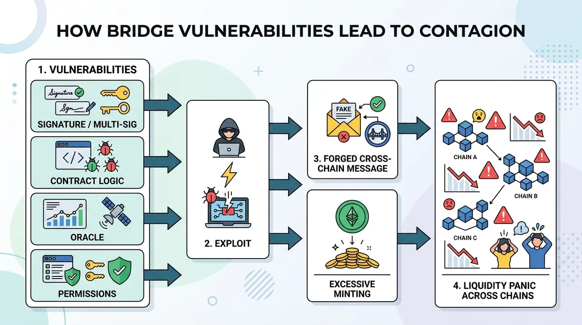 Wide 16:9 horizontal infographic, flow diagram from left to right: vulnerability (signature/multi-sig, contract logic, oracle