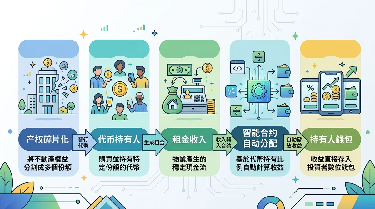 流程图展示产权碎片化→代币持有人→租金收入→智能合约自动分配→持有人钱包，标注每个环节关键动作。