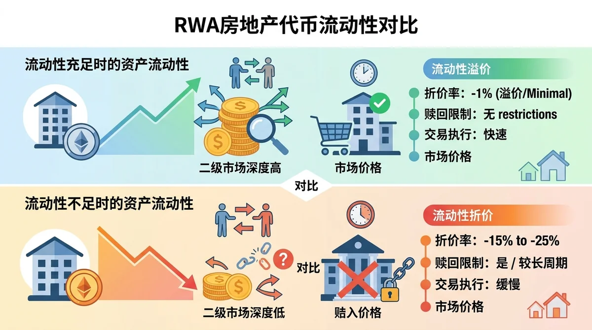 对比图展示同一房地产RWA资产在流动性充足与流动性不足时的代币价格折价率，包含赎回限制和二级市场深度指标。