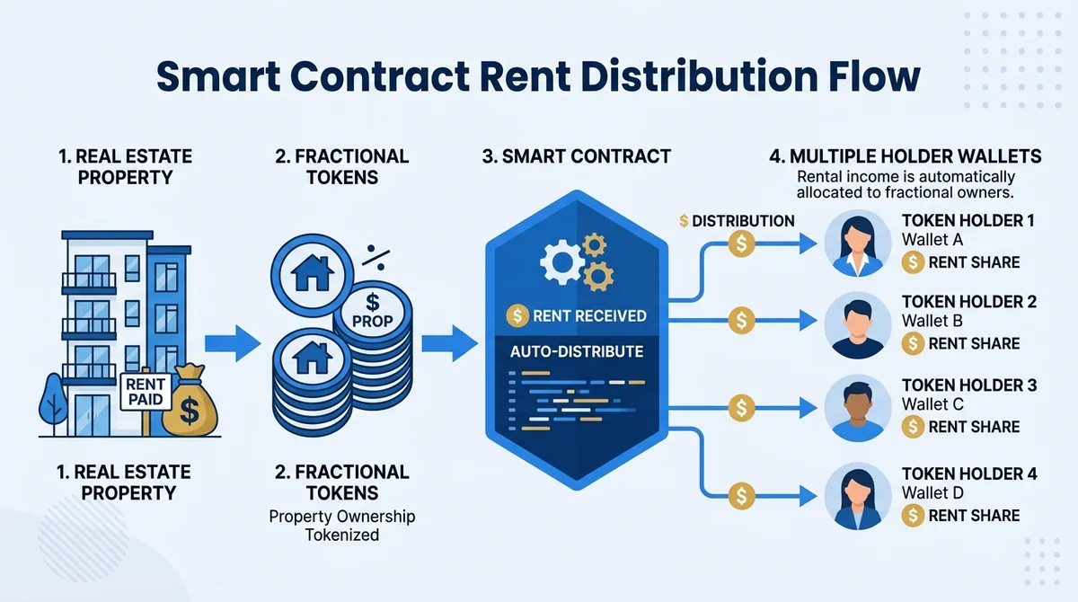 Wide 16:9 horizontal infographic, flow diagram from real estate property to fractional tokens to smart contract then to multi