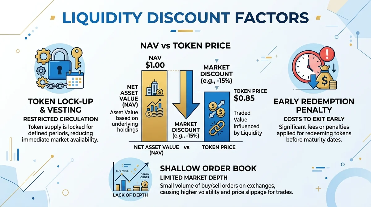Wide 16:9 horizontal diagram, central token price vs NAV comparison with downward arrow, surrounding icons for lock, penalty,