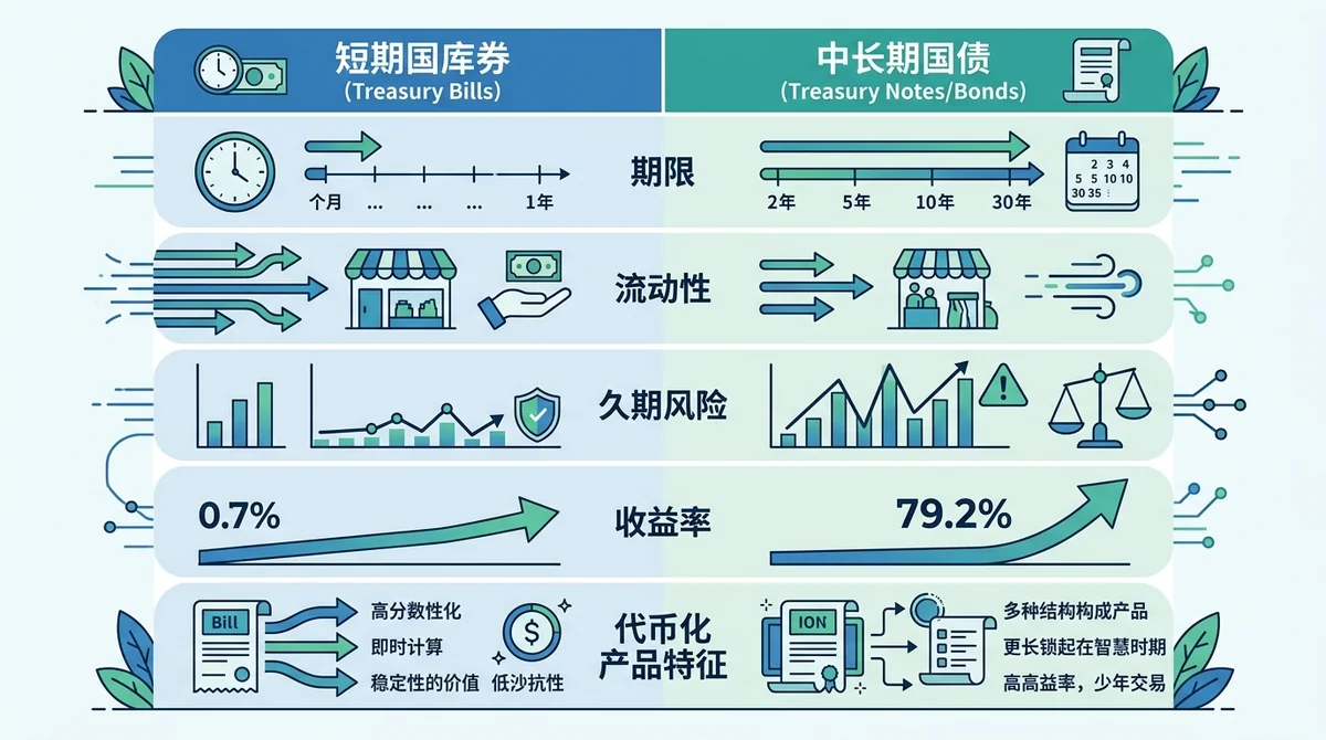 双栏对比图表，展示短期国库券与中长期国债在期限、流动性、久期风险、收益率、代币化产品特征上的核心差异，用简洁的图标和标签。