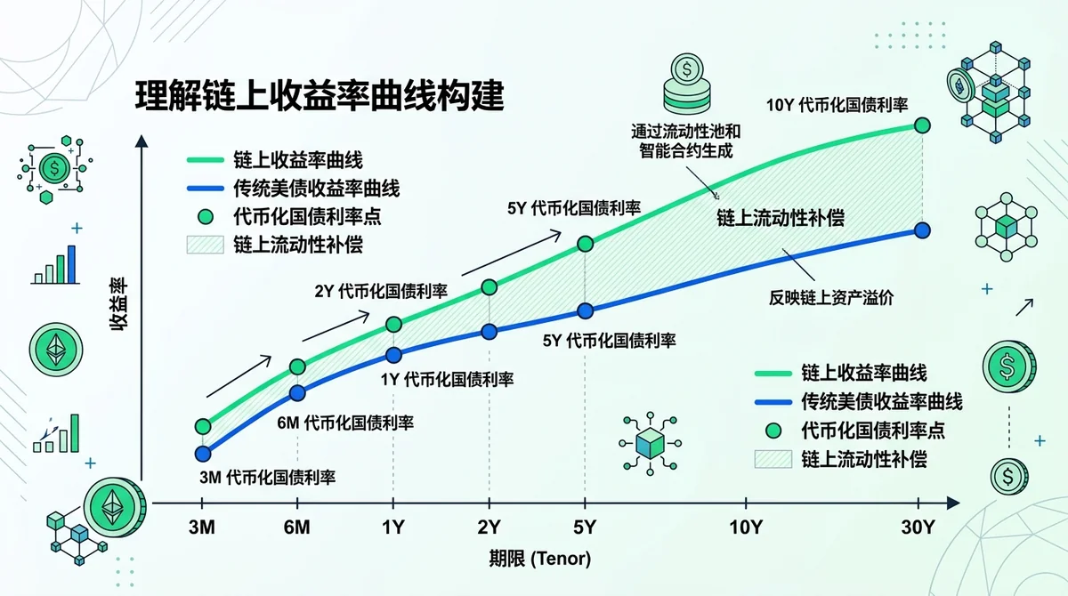 信息图展示链上收益率曲线如何由不同期限代币化国债利率点连接而成，并用不同颜色叠加传统美债收益率曲线，阴影区域标注链上流动性补偿。
