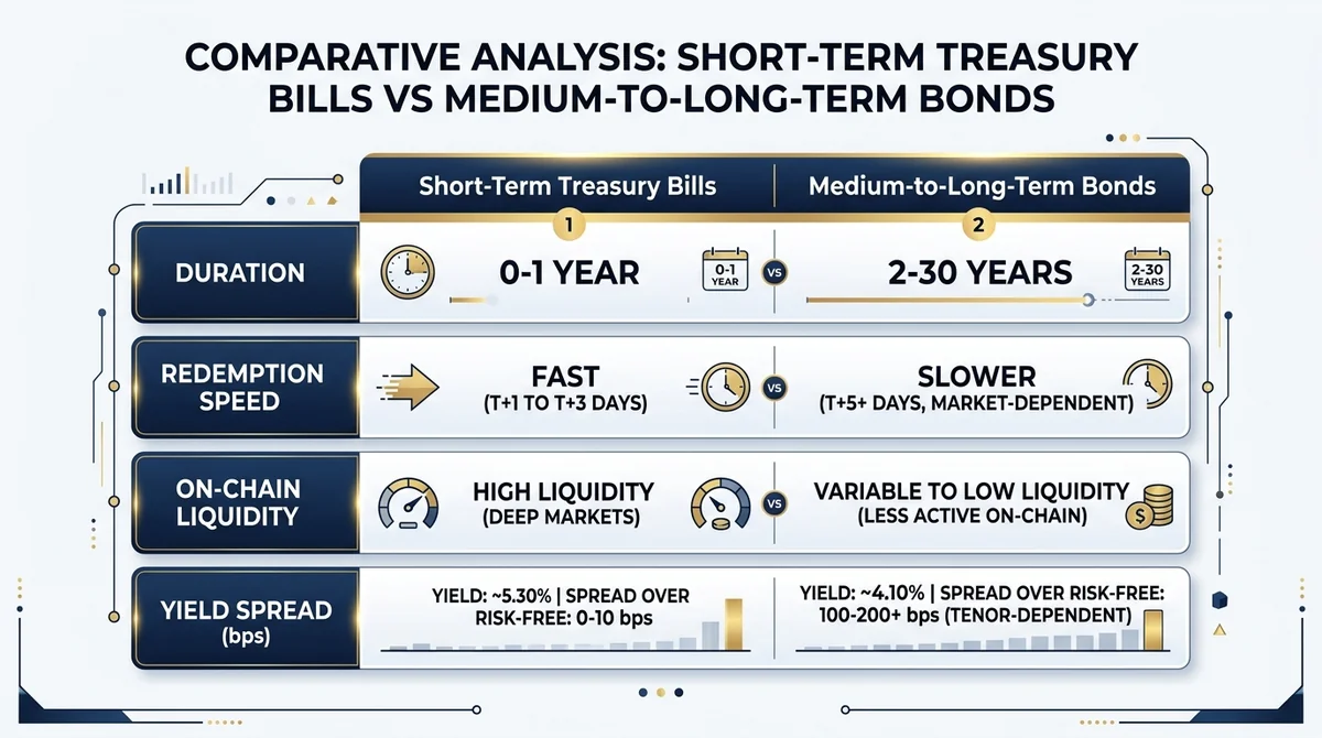 Wide 16:9 horizontal comparison infographic. Split table or grouped bar chart comparing 'Short-Term Treasury Bills' vs 'Mediu