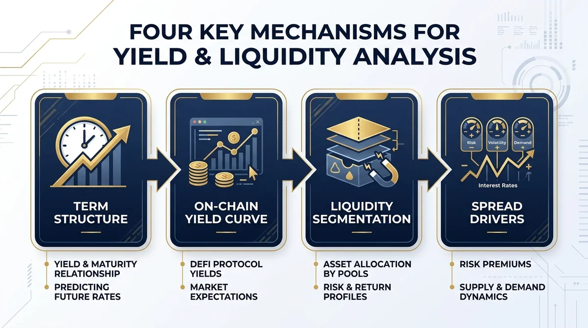 Wide 16:9 horizontal infographic summarizing four key mechanisms as four connected panels: Term Structure, On-Chain Yield Cur