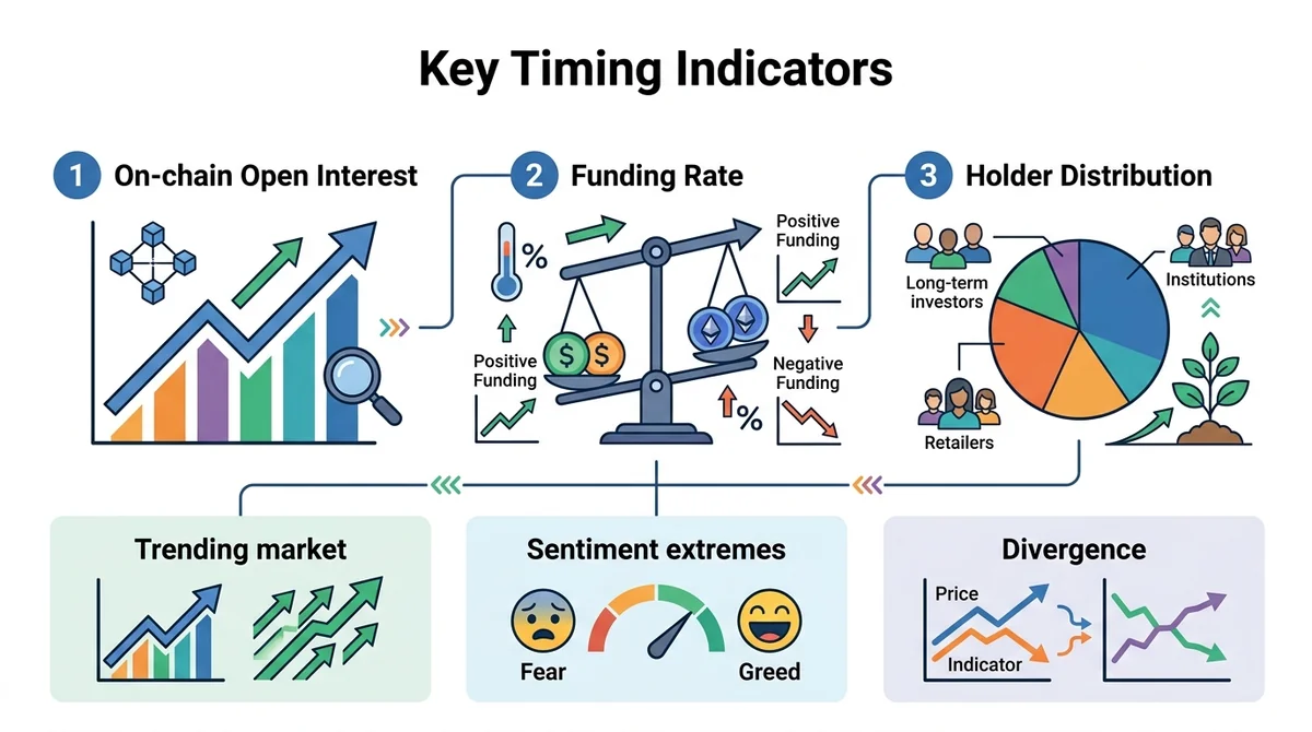 Wide 16:9 horizontal infographic explaining tokenized treasury timing framework. Three numbered sections: 1 On-chain Open Int