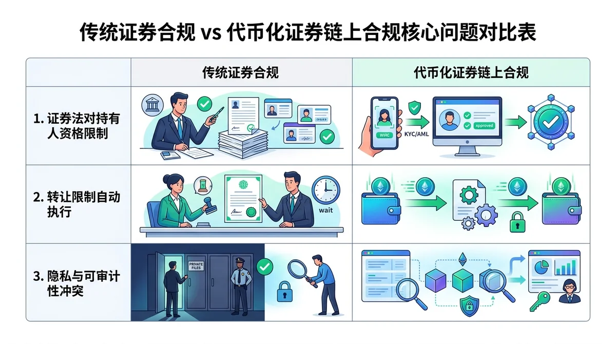 传统证券合规 vs 代币化证券链上合规核心问题对比表:列出证券法对持有人资格限制、转让限制自动执行、隐私与可审计性冲突三个维度