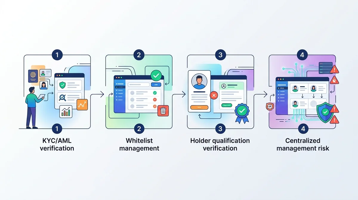 钱包白名单与KYC/AML联动流程图:展示KYC/AML验证、白名单添加/移除、持有者资格校验、中心化管理风险四个步骤
