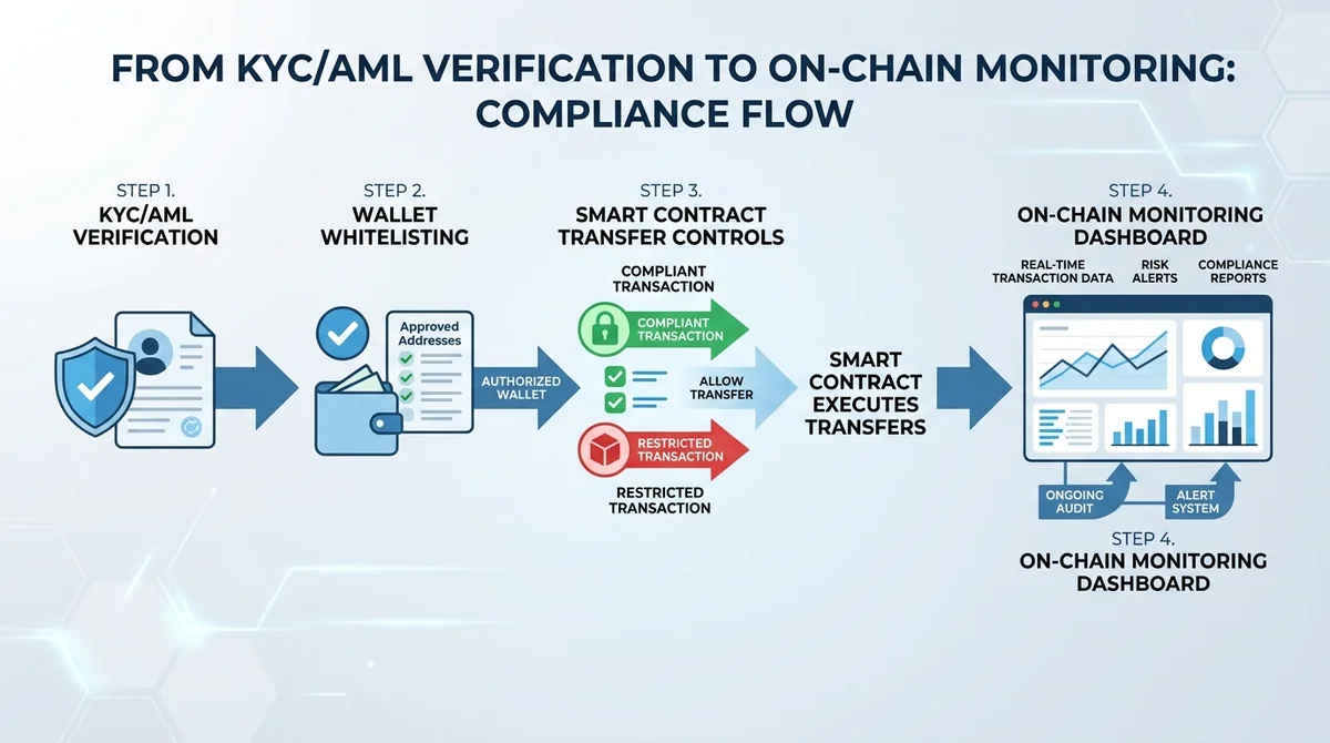 Wide 16:9 horizontal infographic, flowchart from KYC/AML verification to wallet whitelist, then smart contract transfer contr