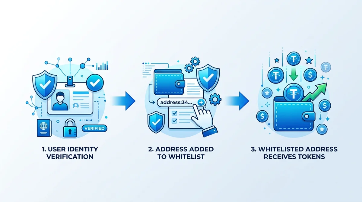 Wide 16:9 horizontal diagram, three-step process: user identity verification, address added to whitelist, whitelisted address