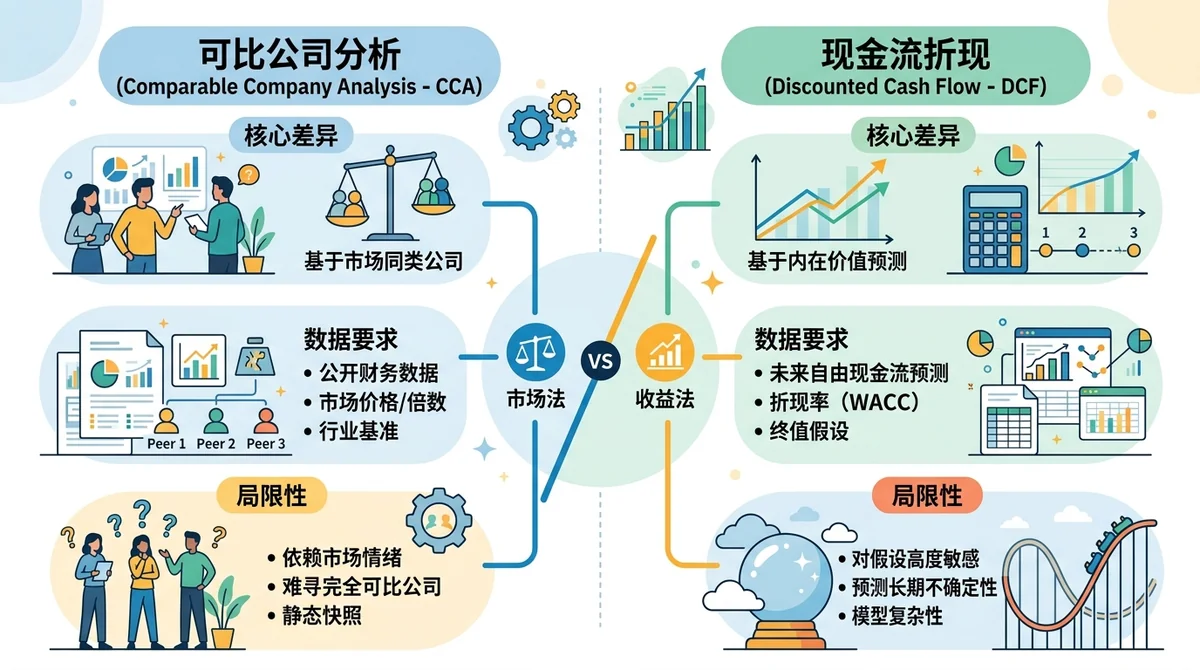 Pre-IPO 估值锚定方法对比图:可比公司分析与现金流折现,展示两种方法的核心差异、数据要求与局限性