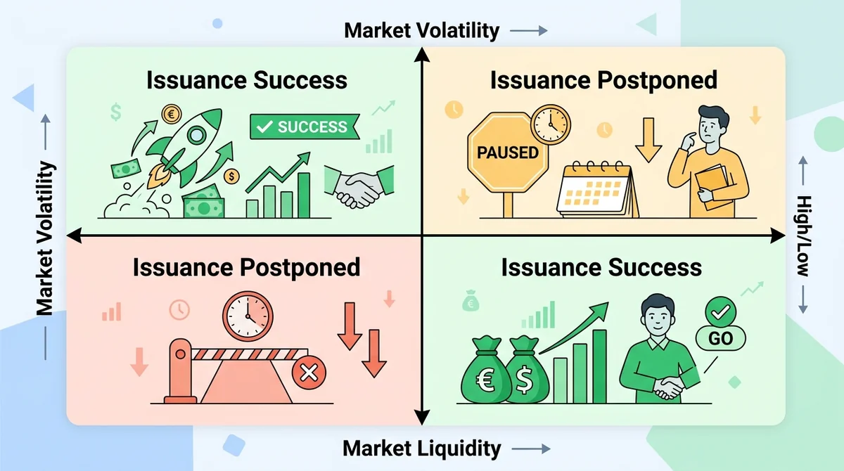Wide 16:9 horizontal clean flat diagram, 2x2 matrix centered, axes labeled 'Market Liquidity' and 'Market Volatility' in Engl