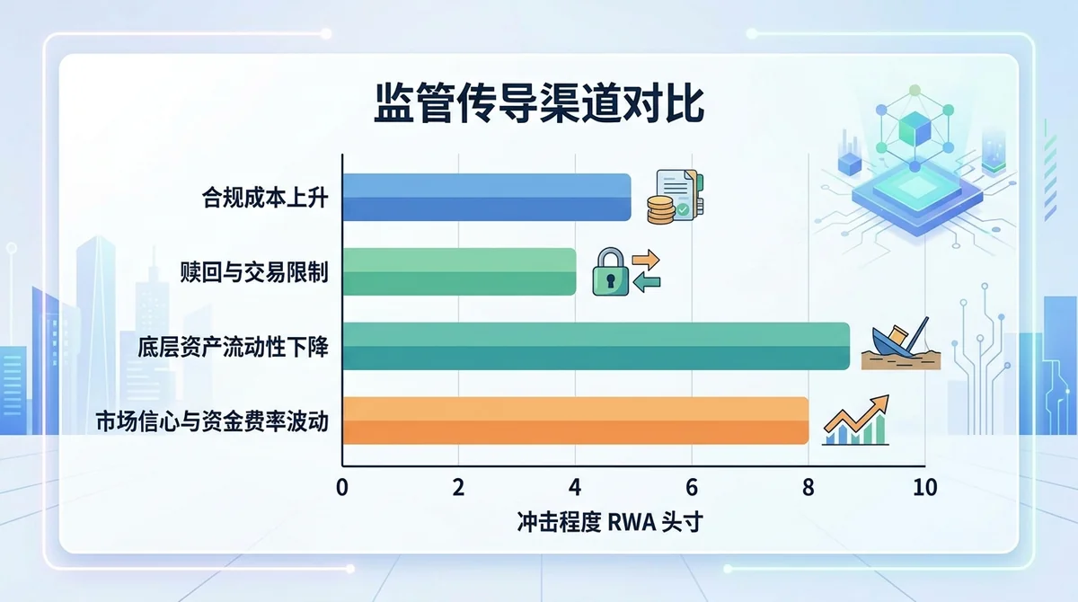 监管传导渠道对比条形图，展示合规成本上升、赎回与交易限制、底层资产流动性下降、市场信心与资金费率波动四个渠道对 RWA 头寸的冲击程度