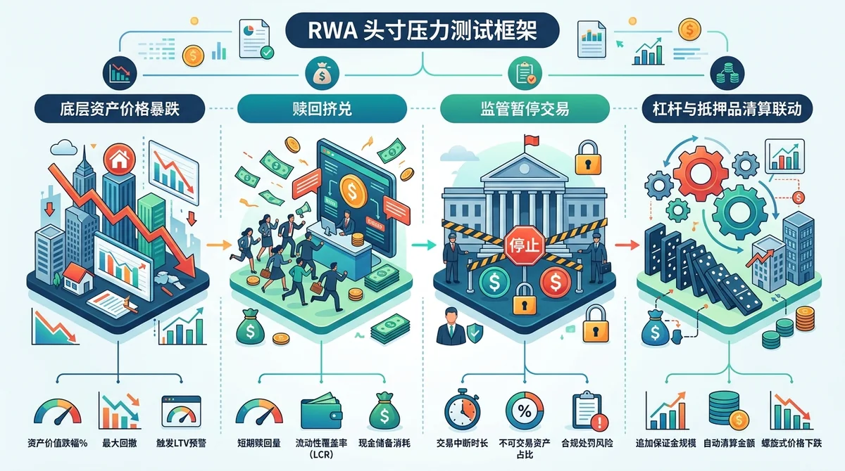 RWA 头寸压力测试框架信息图，包含底层资产价格暴跌、赎回挤兑、监管暂停交易、杠杆与抵押品清算联动四个情景及量化指标