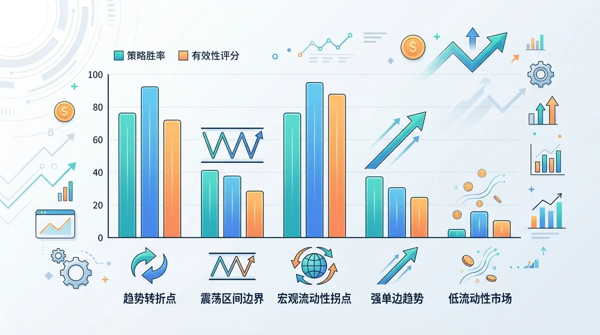 不同市场环境下资金费率转向策略有效性对比柱状图:趋势转折点、震荡区间边界、宏观流动性拐点、强单边趋势、低流动性市场等场景下的策略胜率/有效性评分。