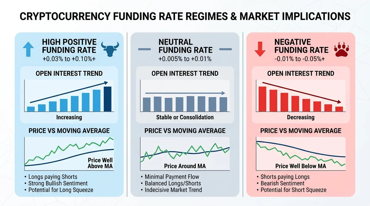 Wide 16:9 horizontal comparison chart, three columns representing funding rate regimes: high positive, neutral, negative; eac