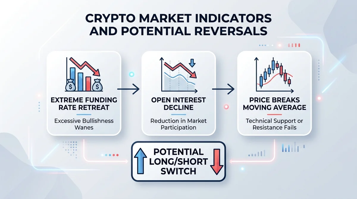Wide 16:9 horizontal infographic, flow diagram with three boxes connected by arrows: extreme funding rate retreat, open inter