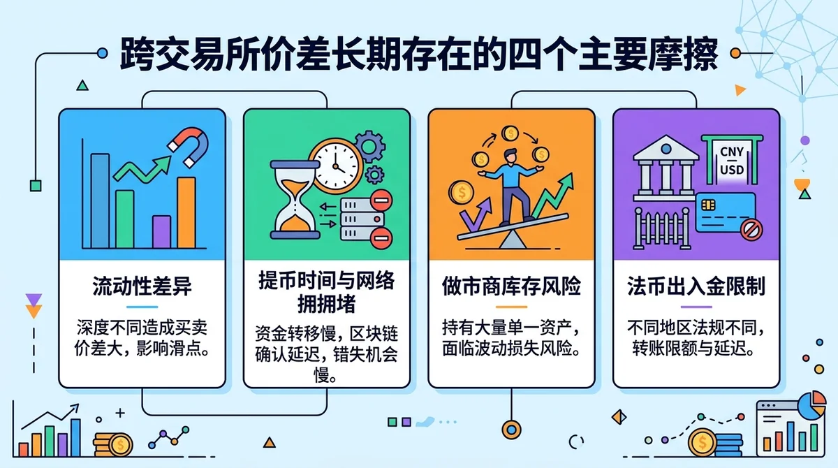 信息图:展示跨交易所价差长期存在的四个主要摩擦:流动性差异、提币时间与网络拥堵、做市商库存风险、法币出入金限制,每个因素配图标和简短说明