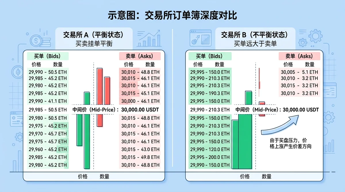 示意图:左右对比两个交易所订单簿深度,左侧买卖挂单平衡,右侧买卖挂单不平衡(买盘远大于卖盘),标注价差产生方向