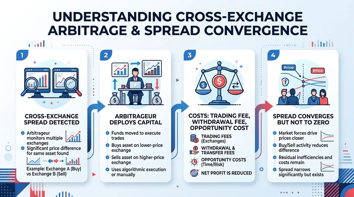Wide 16:9 horizontal infographic, flow diagram with four steps: 1) Cross-exchange spread detected, 2) Arbitrageur deploys cap