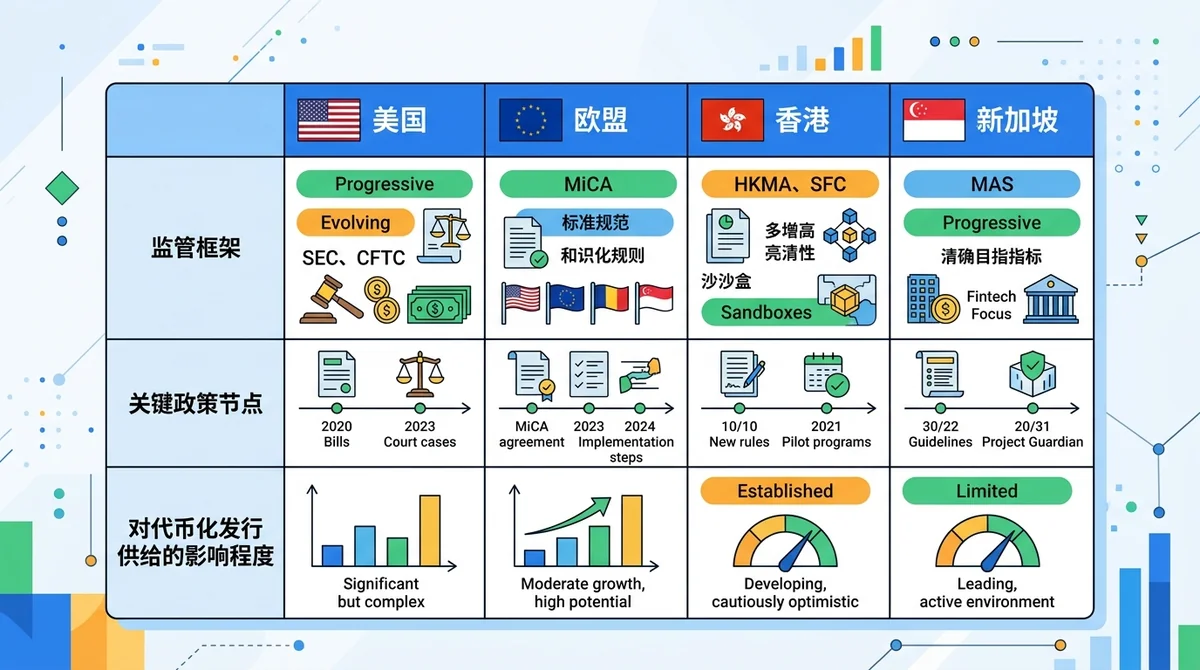 对比美国、欧盟、香港、新加坡四个司法辖区的RWA监管框架、关键政策节点、对代币化发行供给的影响程度。使用表格或矩阵图,颜色区分状态。