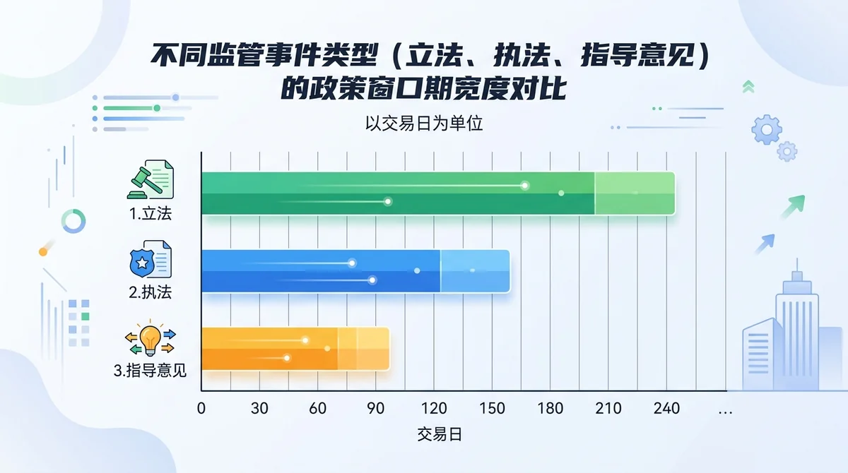 不同监管事件类型(立法、执法、指导意见)的政策窗口期宽度对比柱状图,以交易日为单位