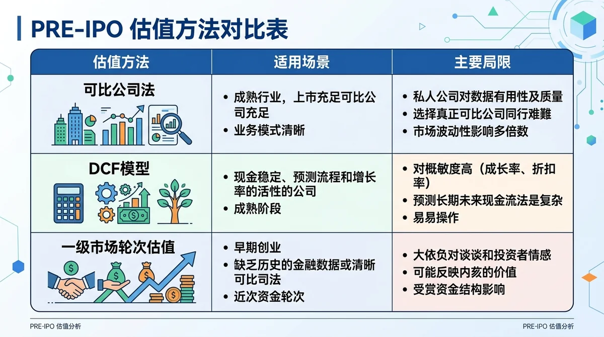 Pre-IPO 估值方法对比表:横向对比三种方法(可比公司法、DCF模型、一级市场轮次估值),列出各自适用场景和主要局限,使用表格样式呈现。