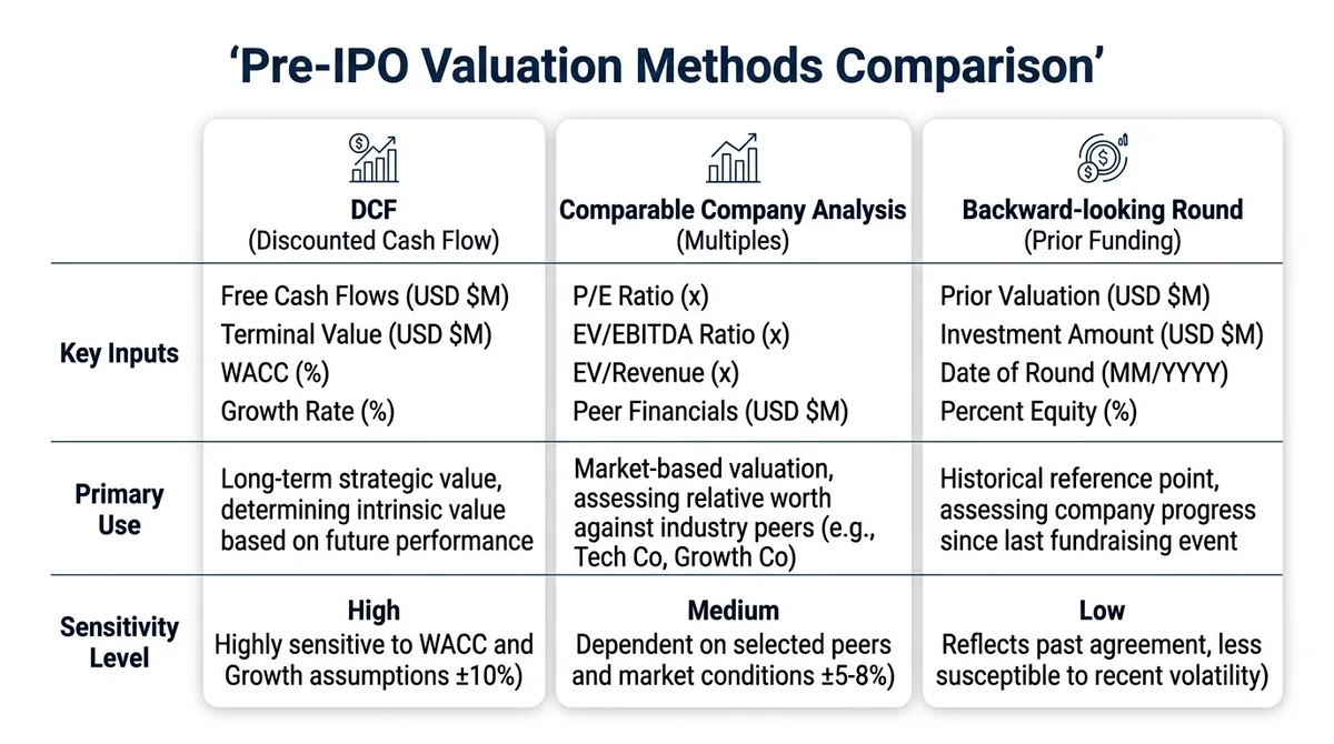 Wide 16:9 horizontal comparison chart, table format with three columns for valuation methods (DCF, Comparable Company Analysi