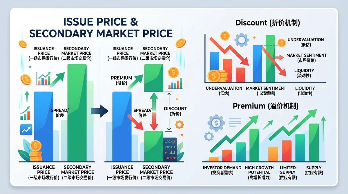一级市场发行价与二级市场交易价的对比柱状图，展示折价与溢价的价差机制