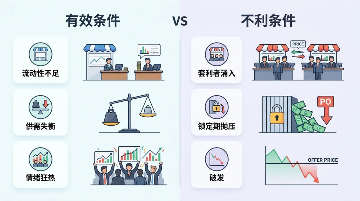 有效条件与失效条件对比图，左侧列出套利有效的市场条件（流动性不足、供需失衡、情绪狂热），右侧列出失效条件（套利者涌入、锁定期抛压、破发）