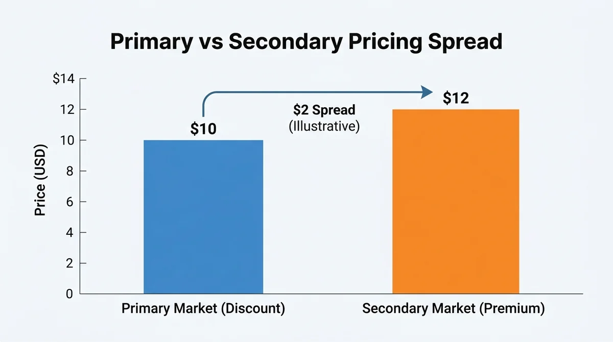 Wide 16:9 horizontal bar chart, two vertical bars: left primary market price $10, right secondary market price $12, arrow and