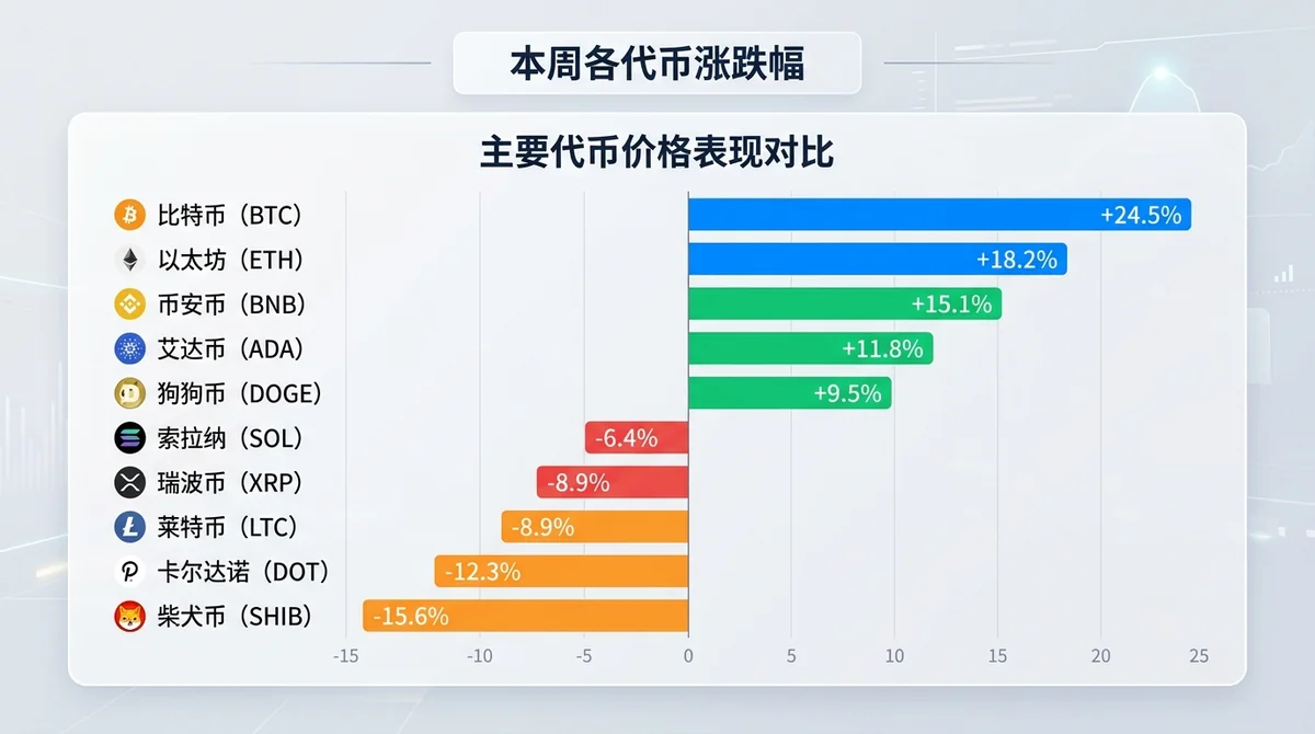 主要代币价格表现对比柱状图,展示本周各代币涨跌幅,按涨跌排序,标注涨跌幅百分比和币种名称。