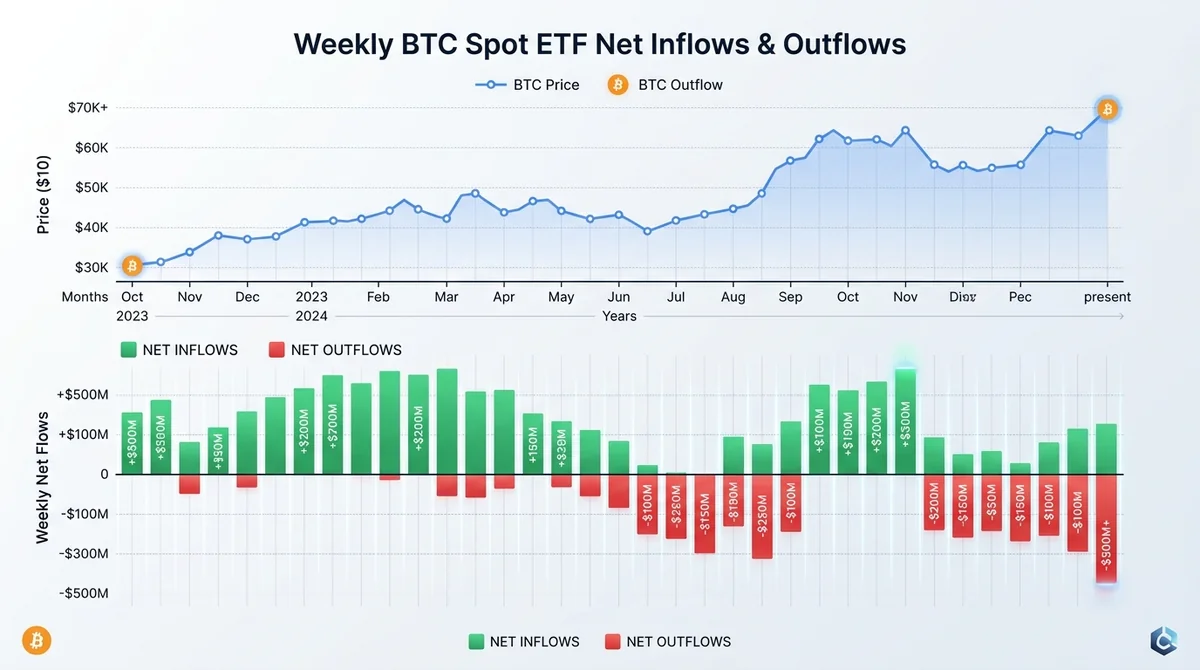 BTC 现货 ETF 资金流周度净流入/流出对比图,展示各主要 ETF 产品或整体净流量,并标注与 BTC 价格走势的对比。