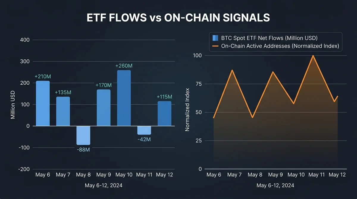 Wide 16:9 horizontal data visualization, left panel bar chart of BTC spot ETF net flows in million USD with exact values from