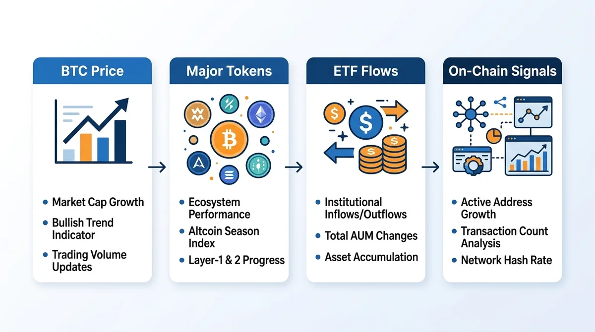 Wide 16:9 horizontal infographic, four labeled panels in a row: 'BTC Price', 'Major Tokens', 'ETF Flows', 'On-Chain Signals',