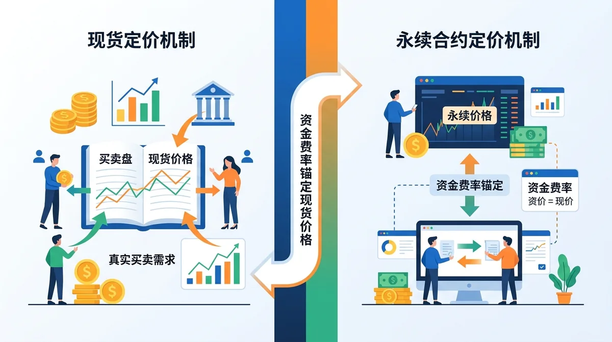 现货定价机制与永续合约定价机制对比图:左侧展示现货价格由真实买卖盘直接形成,右侧展示永续价格通过资金费率锚定现货,中间箭头表示锚定关系