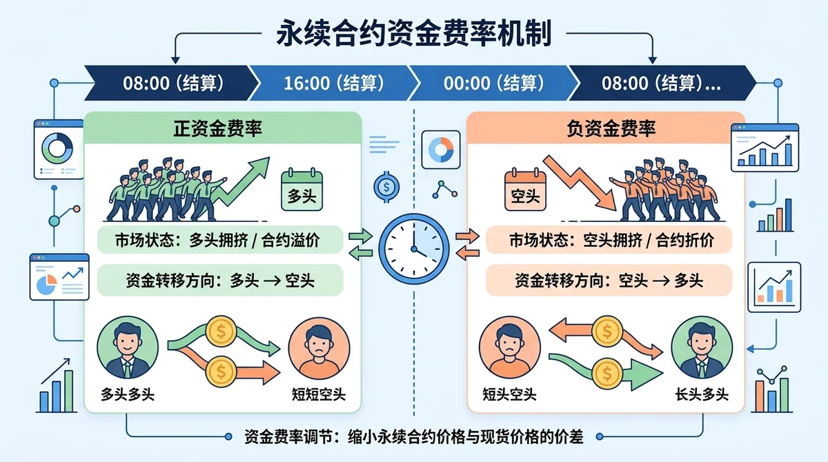 永续合约资金费率机制信息图:展示每8小时结算周期、多头与空头之间的资金转移方向、正资金费率对应多头拥挤/合约溢价、负资金费率对应空头拥挤/合约折价