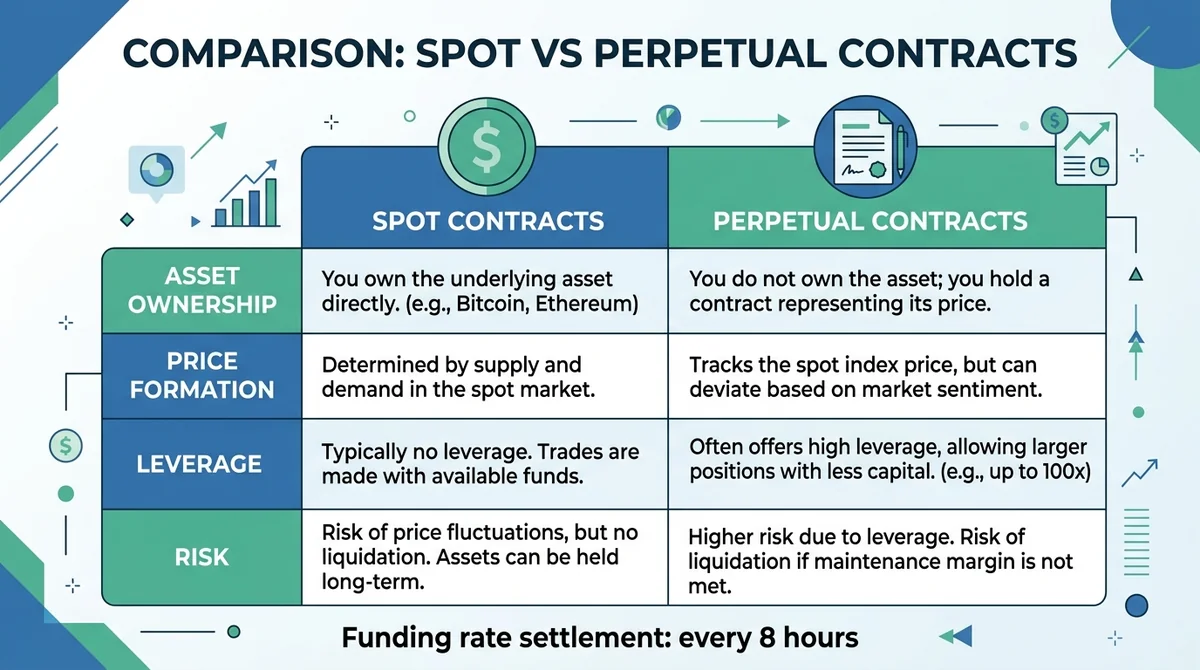 Wide 16:9 horizontal infographic comparing spot vs perpetual contracts using a side-by-side table or grouped bar chart. Colum