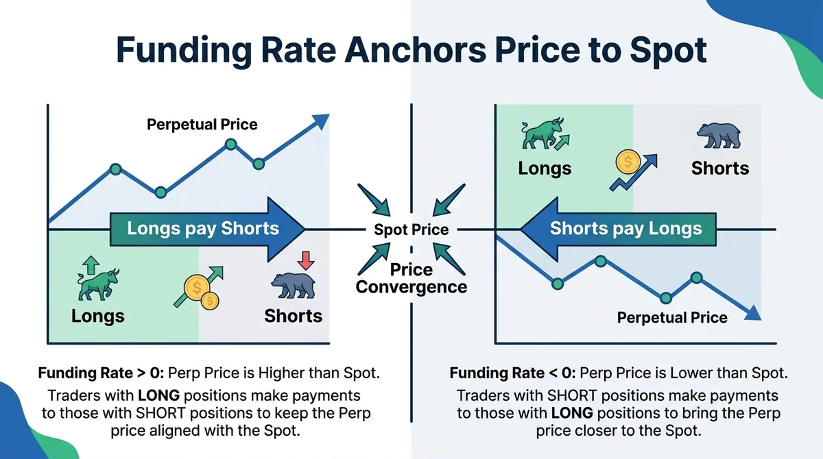 Wide 16:9 horizontal infographic explaining funding rate mechanism in perpetual contracts. Split into two halves: left shows