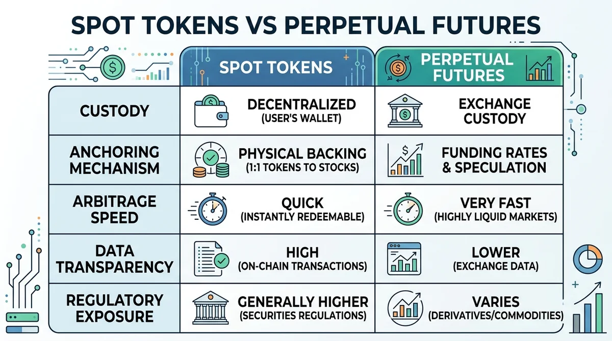 Wide 16:9 horizontal comparison chart, table or bar format, comparing spot tokens vs perpetual futures for tokenized US stock