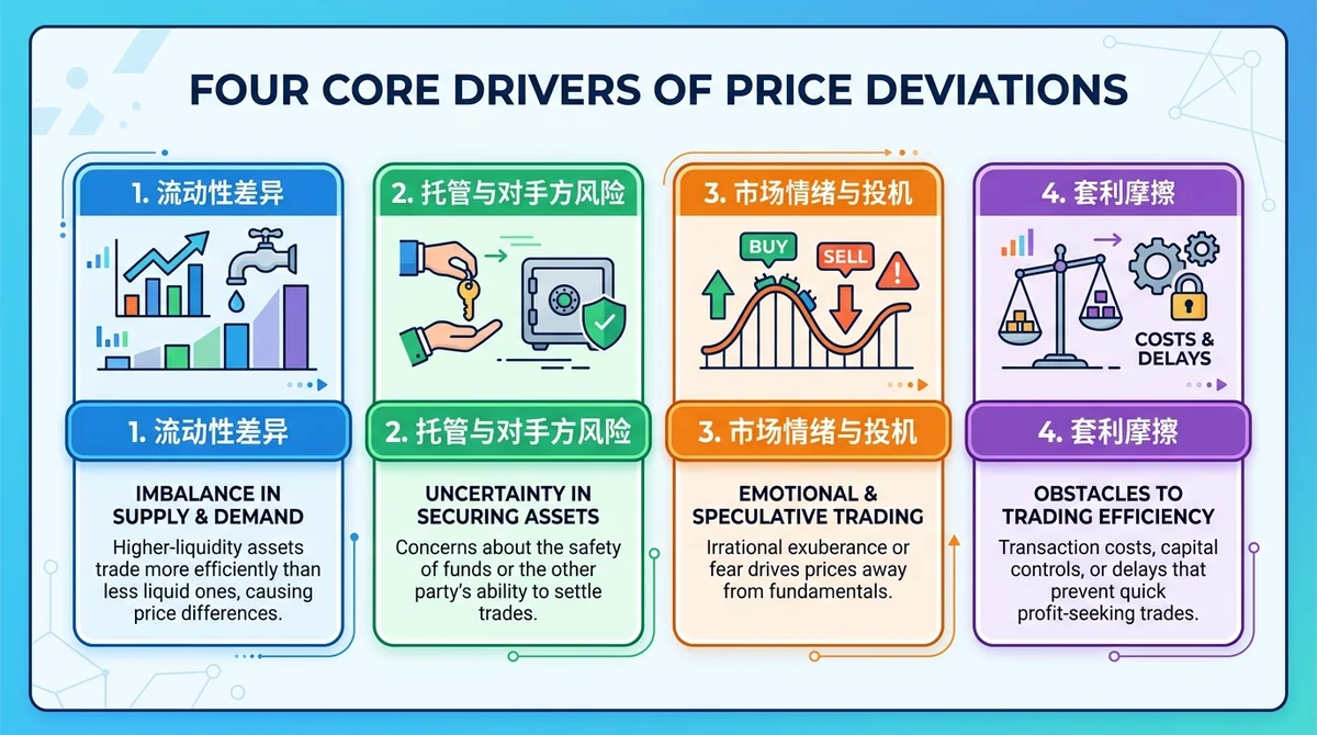 信息图展示偏离的四个核心驱动因素:流动性差异、托管与对手方风险、市场情绪与投机、套利摩擦,每个因素配图标和简短英文说明