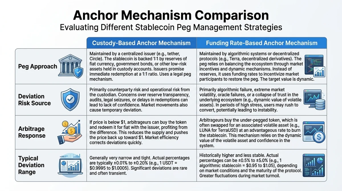 Wide 16:9 horizontal comparison chart, two-column table or paired bar charts comparing custody-based and funding rate-based a