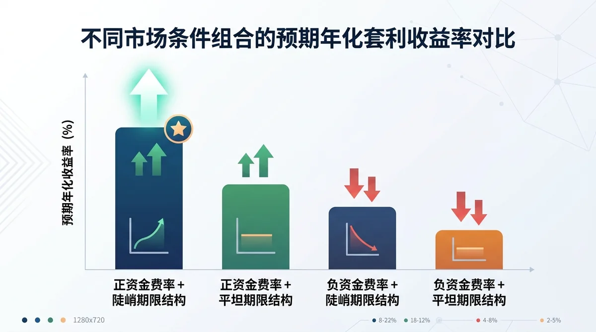 柱状图对比四种市场条件组合(正资金费率+陡峭期限结构、正资金费率+平坦期限结构、负资金费率+陡峭期限结构、负资金费率+平坦期限结构)的预期年化套利收益率,突出最优组合