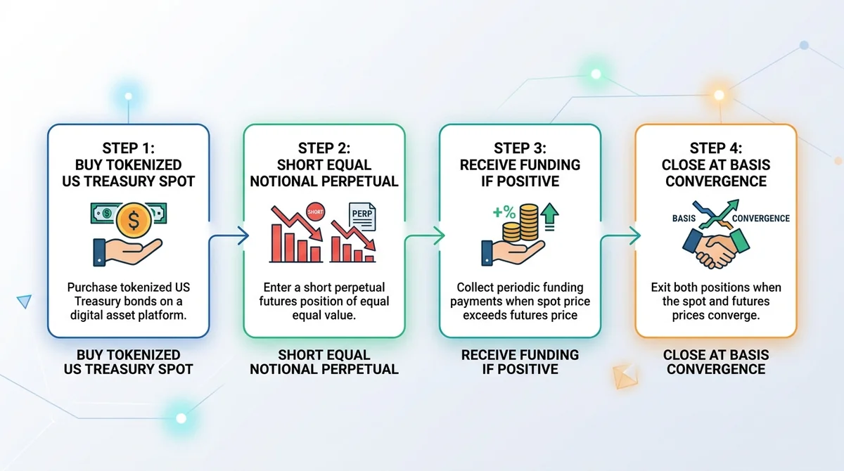 Wide 16:9 horizontal flow infographic with four step boxes connected by arrows: 'Buy Tokenized US Treasury Spot', 'Short Equa