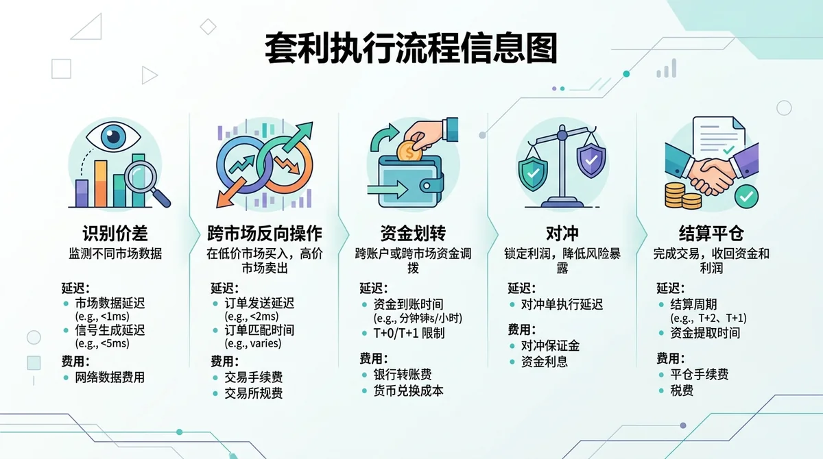套利执行流程信息图：从识别价差、跨市场反向操作、资金划转、对冲到结算平仓的步骤示意，标注每一步的关键成本和延迟