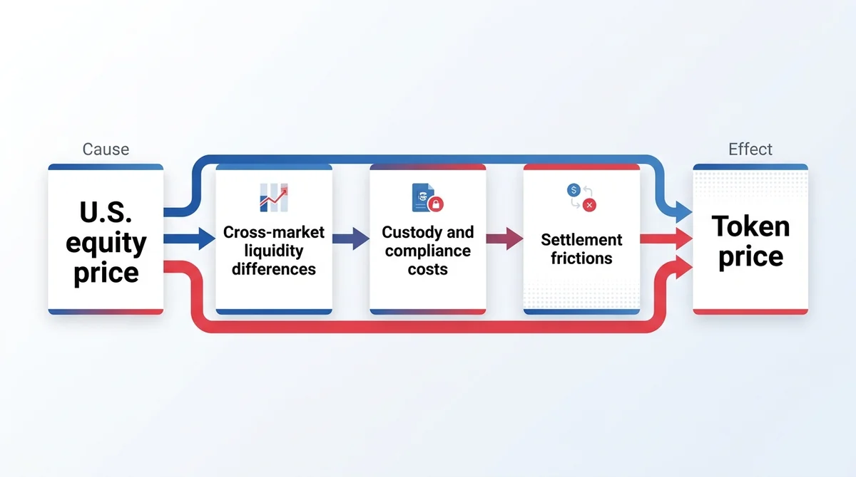 Wide 16:9 horizontal flow infographic, left box labeled 'U.S. equity price' as cause, right box 'Token price' as effect, thre