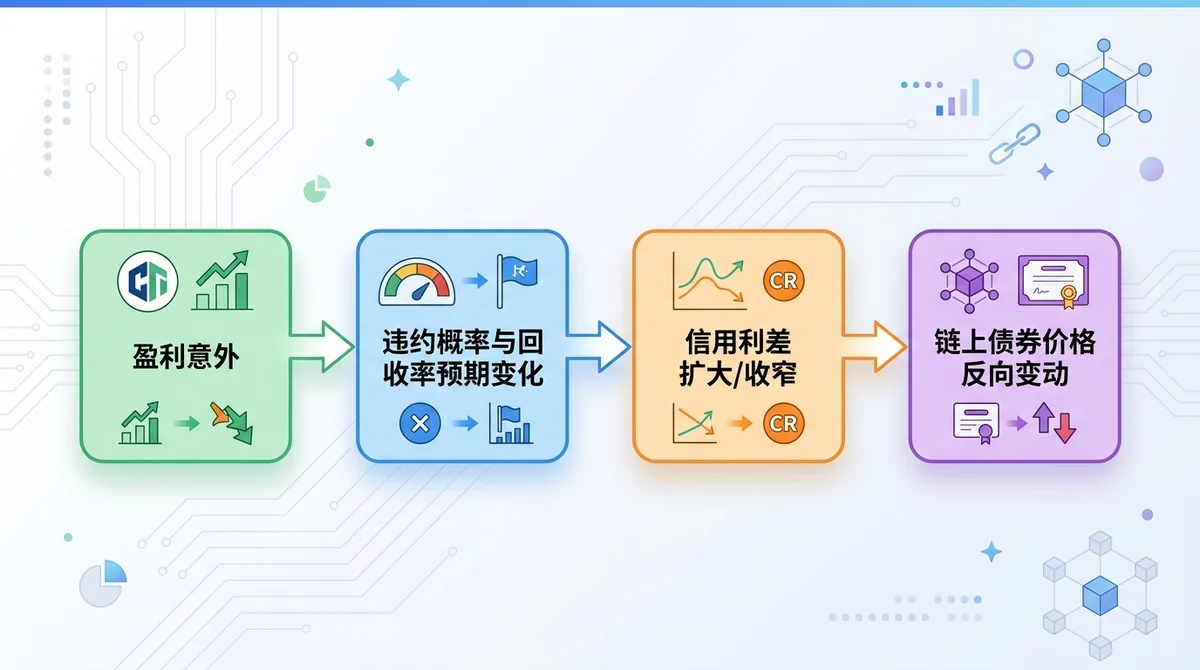 流程图展示盈利意外如何传导至链上债券价格:盈利意外 -> 违约概率与回收率预期变化 -> 信用利差扩大/收窄 -> 链上债券价格反向变动