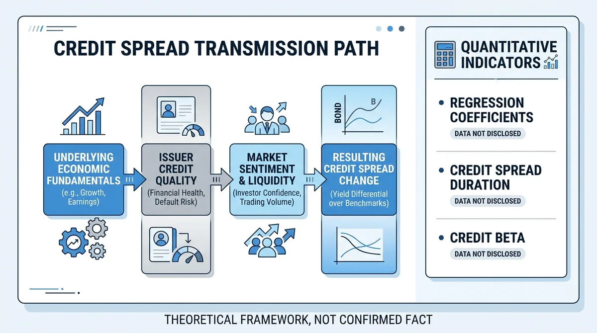Wide 16:9 horizontal infographic, left side flow diagram of credit spread transmission path with four boxes and arrows, right