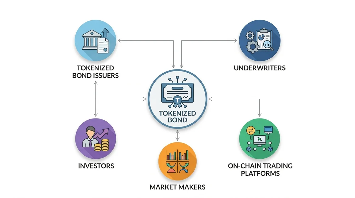 Wide 16:9 horizontal flat icon diagram, central tokenized bond icon surrounded by five labeled nodes for participants: tokeni